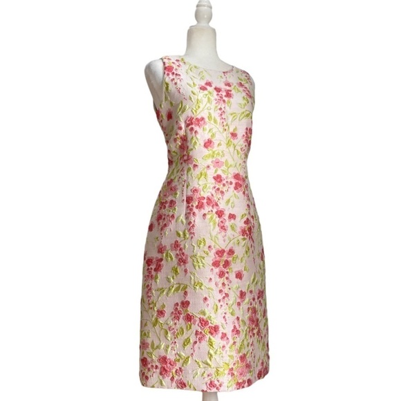 Leggiadro Matelasse Silk Floral Dress Sleeveless Midi Dress White Pink - Picture 2 of 14